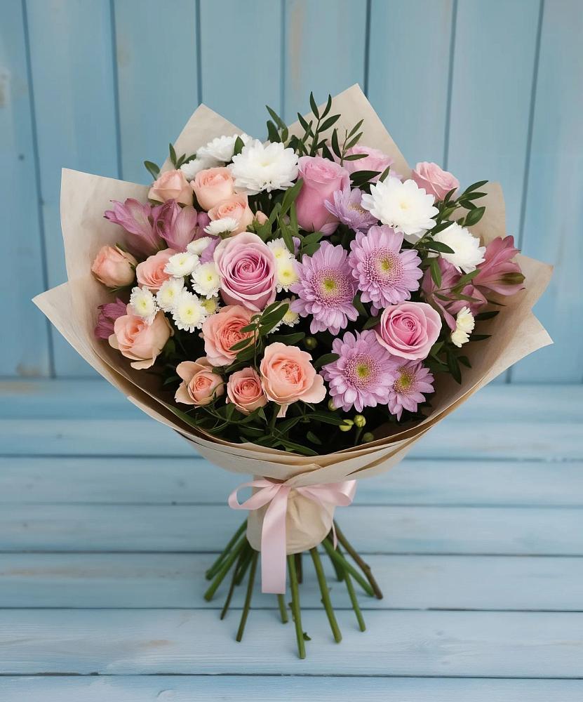 Букет цветов из: Хризантемы, Розы и Альстромерии в Локне