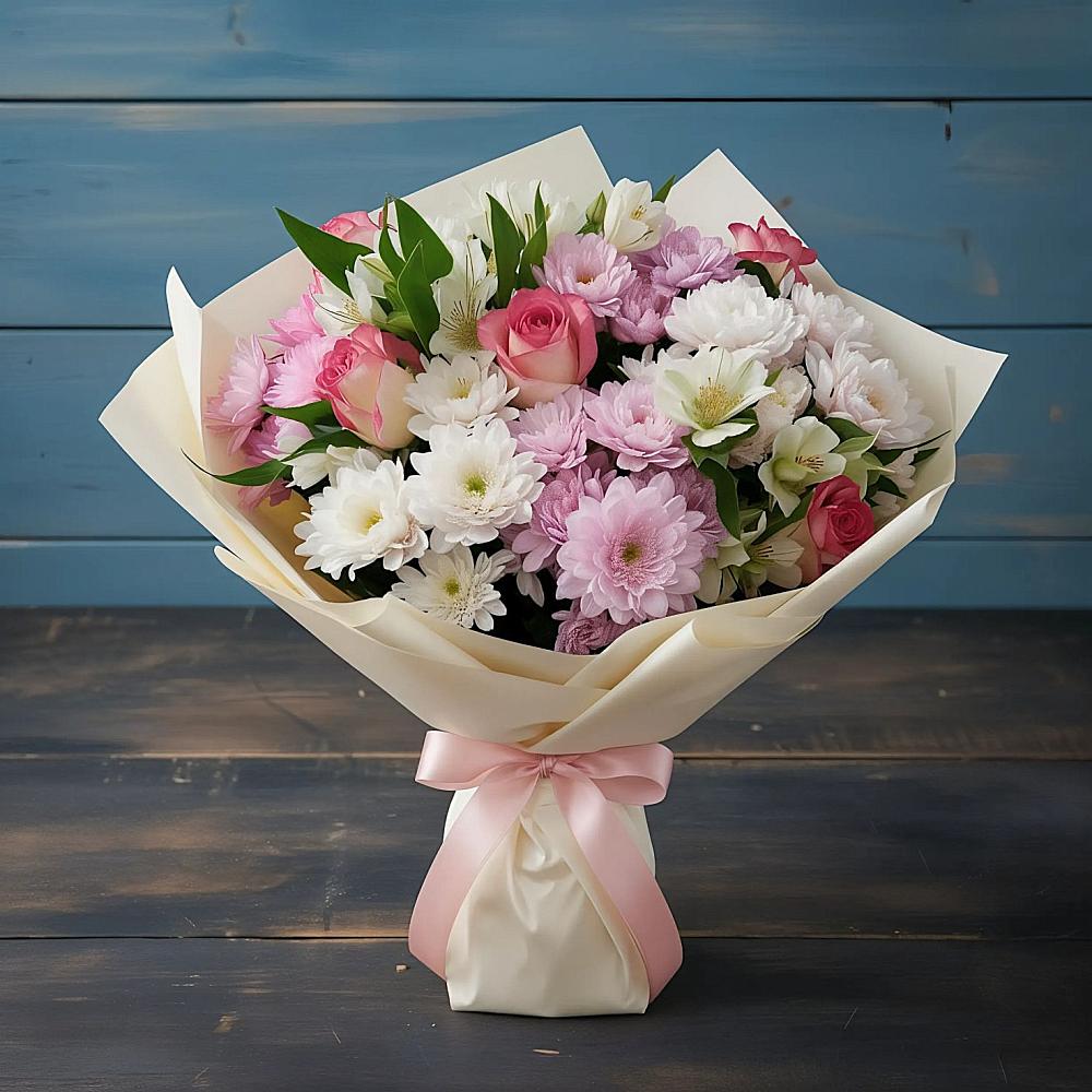 Букет цветов из: Хризантемы, Альстромерии и Розы в Локне